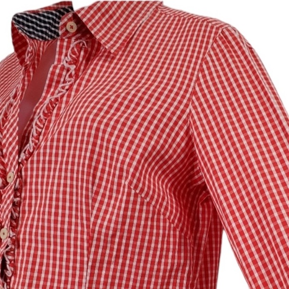 LILLY PULITZER GINGHAM CHECKERED RED WHITE BLUE PRINT RUFFLED LONG SLEEVE TOP 6 - Picture 4 of 9